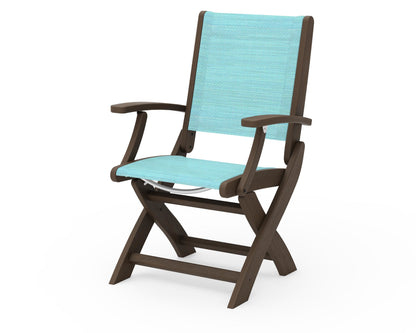 POLYWOOD Coastal Folding Chair in Kona with Kona arms and Dupioni Aquamarine sling