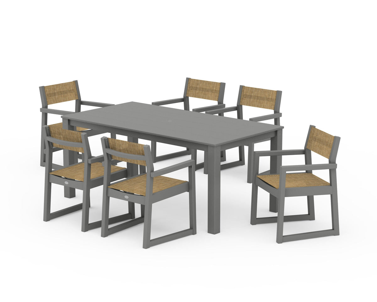 POLYWOOD EDGE Sling Arm Chair 7-Piece Parsons Dining Set in Slate Grey / Burlap