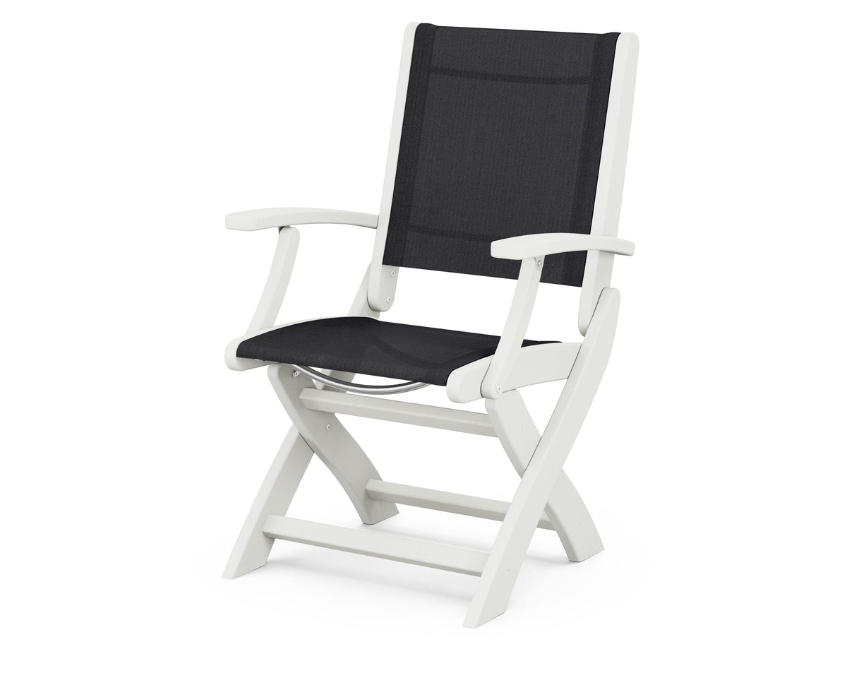 POLYWOOD Coastal Folding Chair in Vintage White with Vintage White arms and Black sling