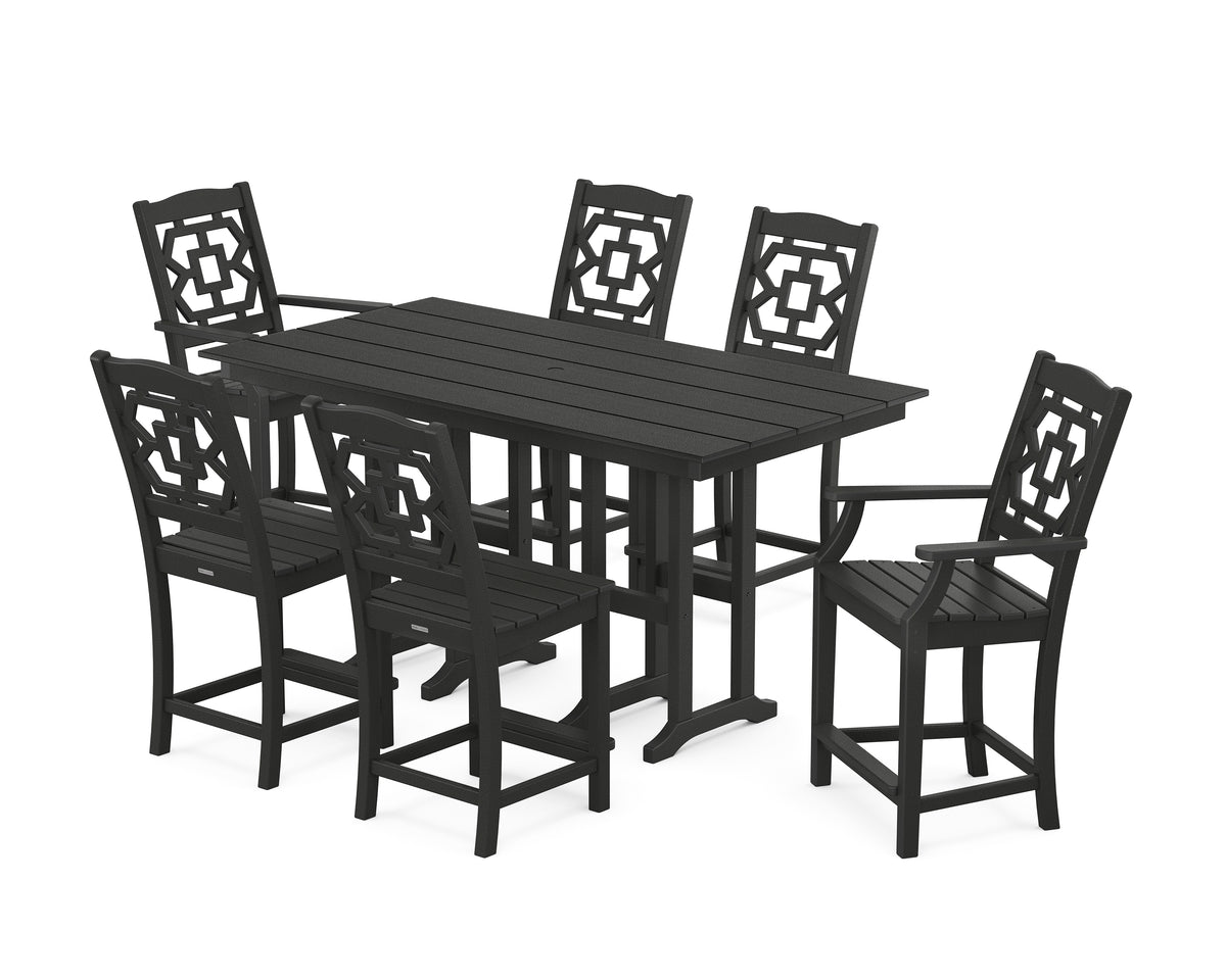 POLYWOOD Chinoiserie 7-Piece Farmhouse Counter Set in Black