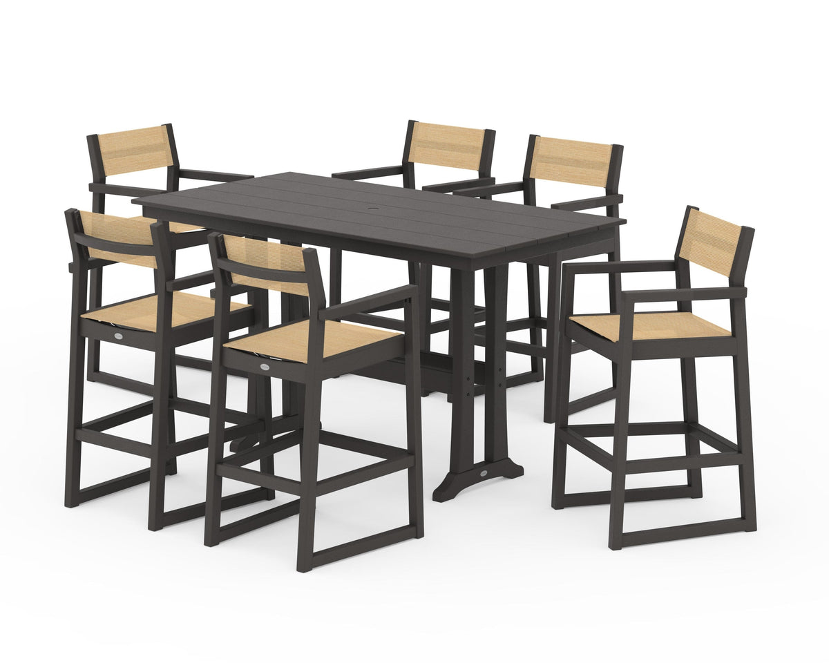 POLYWOOD EDGE Sling Arm Chair 7-Piece Farmhouse Bar Set with Trestle Legs in Vintage Coffee / Dupioni Apricot