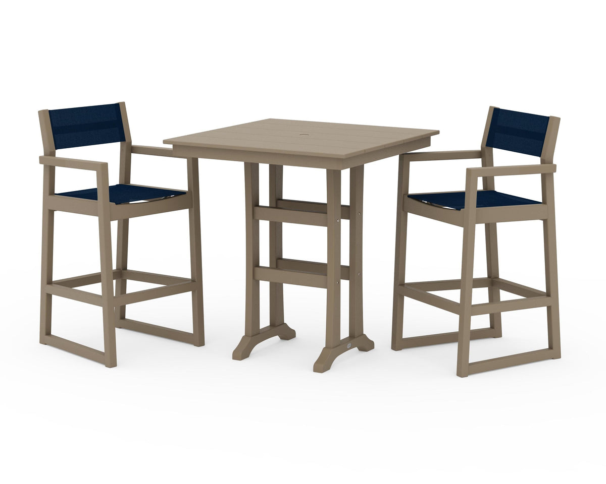 POLYWOOD EDGE Sling Arm Chair 3-Piece Farmhouse Bar Set with Trestle Legs in Vintage Sahara / Navy Blue