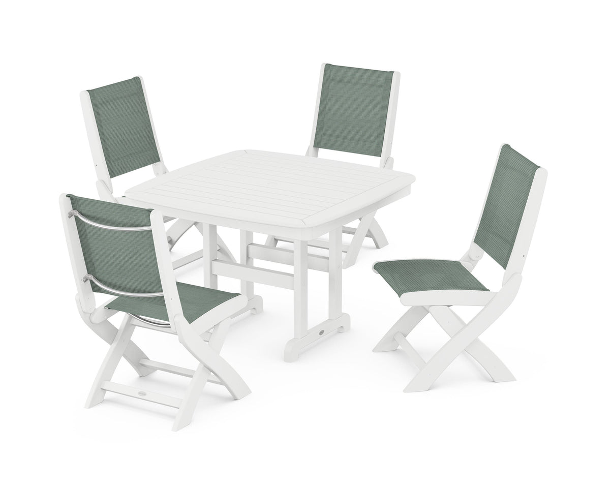 POLYWOOD Coastal Folding Side Chair 5-Piece Dining Set with Nautical 44" Dining Table in White / Dupioni Sea Mist