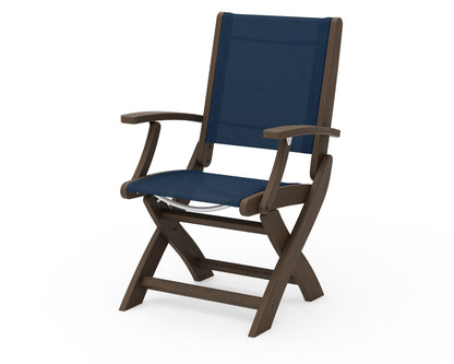 POLYWOOD Coastal Folding Chair in Kona with Kona arms and Navy Blue sling