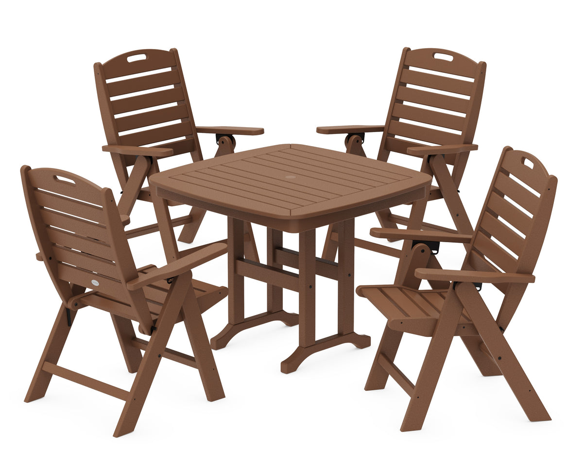 POLYWOOD Nautical Folding Highback Chair 5-Piece Dining Set in Teak