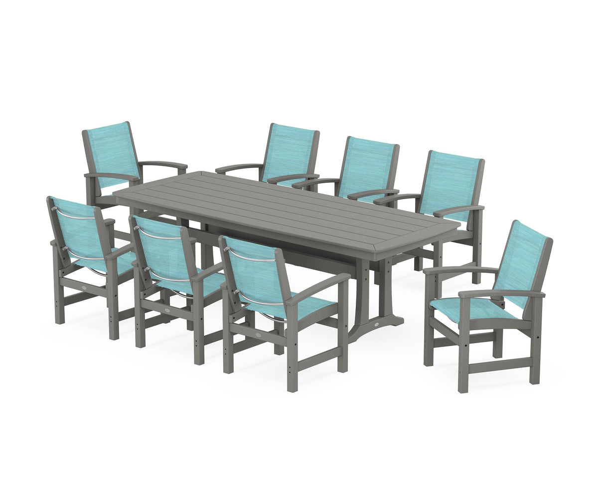 POLYWOOD Coastal 9-Piece Dining Set with Trestle Legs in Slate Grey / Dupioni Aquamarine