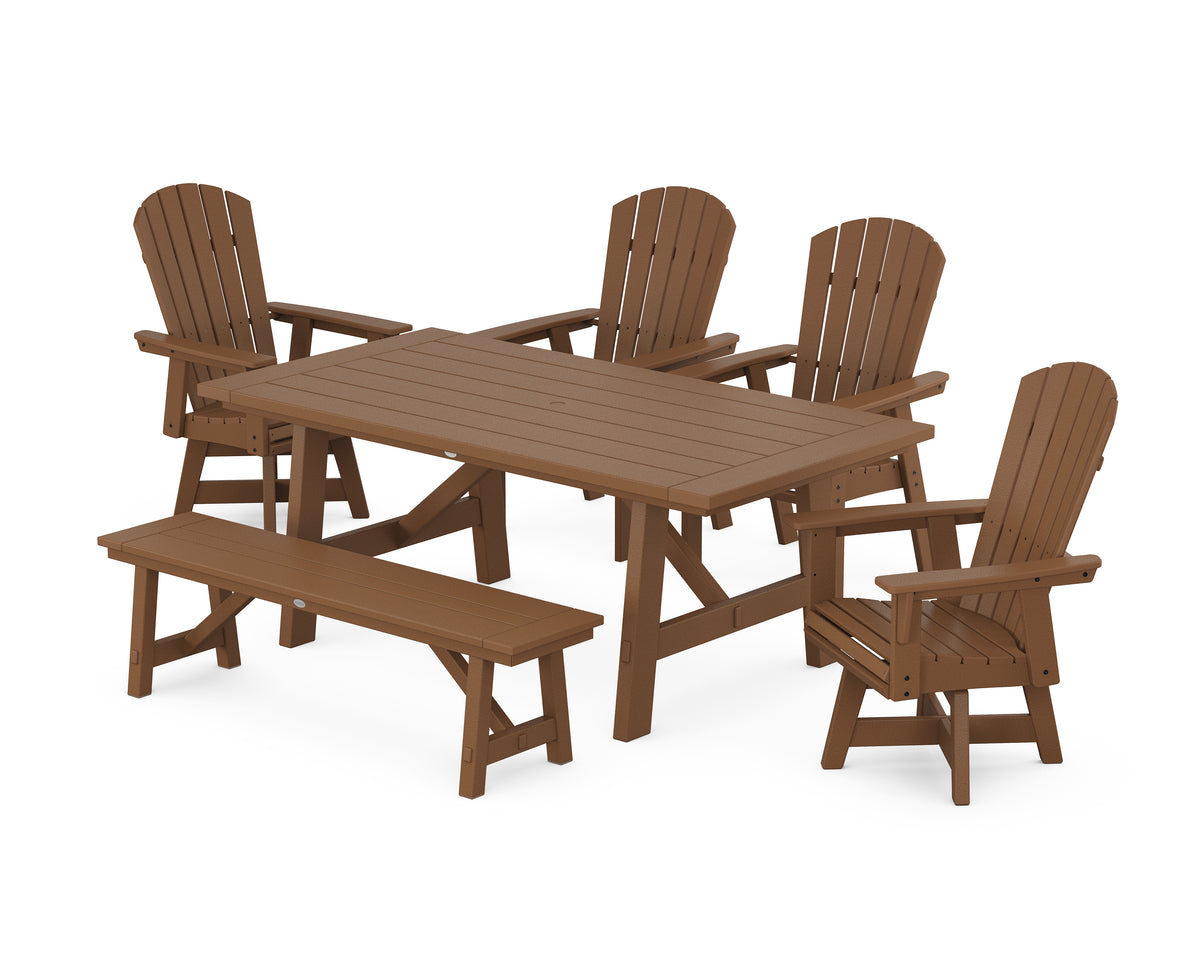POLYWOOD Nautical Adirondack Swivel 6-Piece Rustic Farmhouse Dining Set with Trestle Legs in Teak