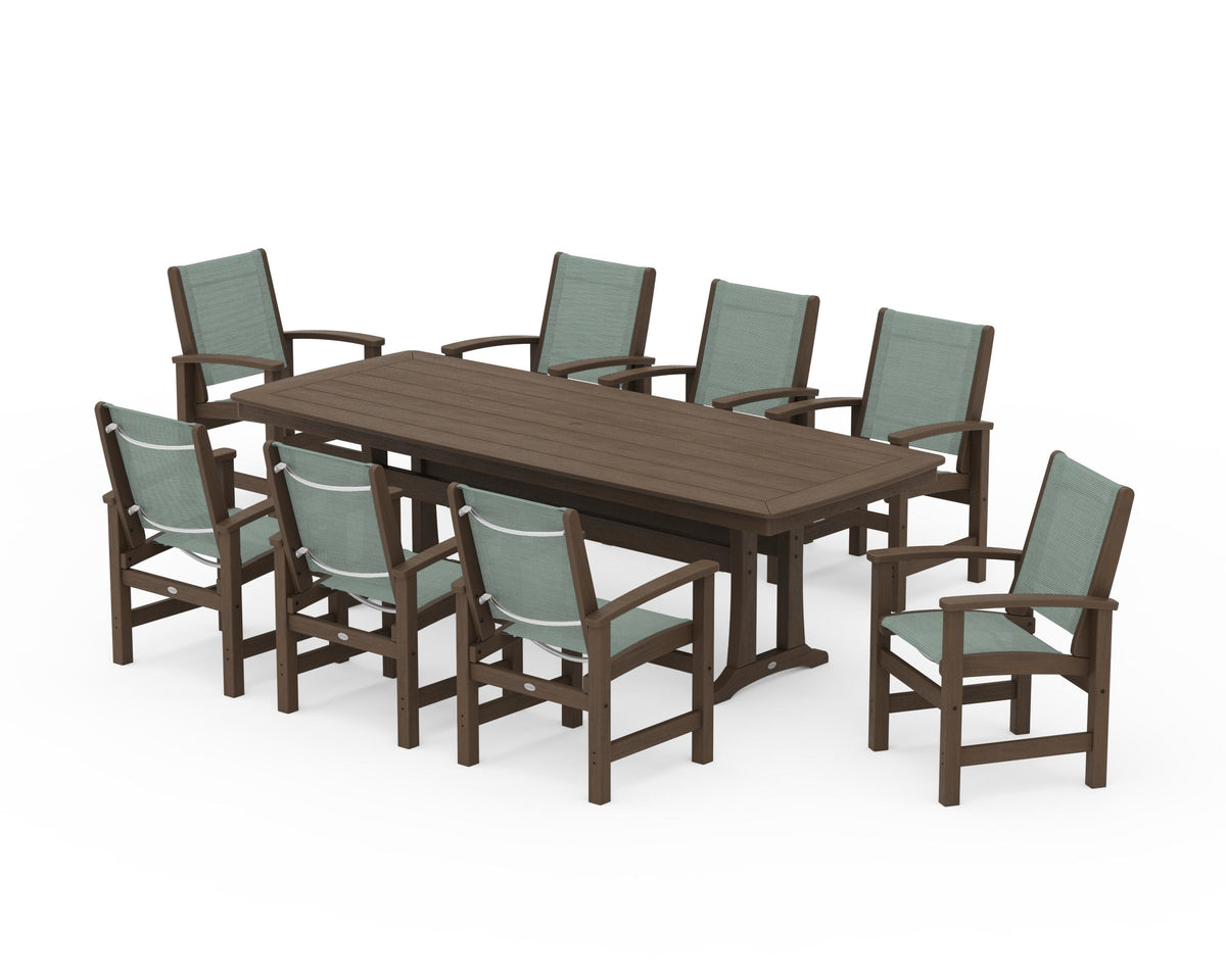 POLYWOOD Coastal 9-Piece Dining Set with Trestle Legs in Kona / Dupioni Sea Mist