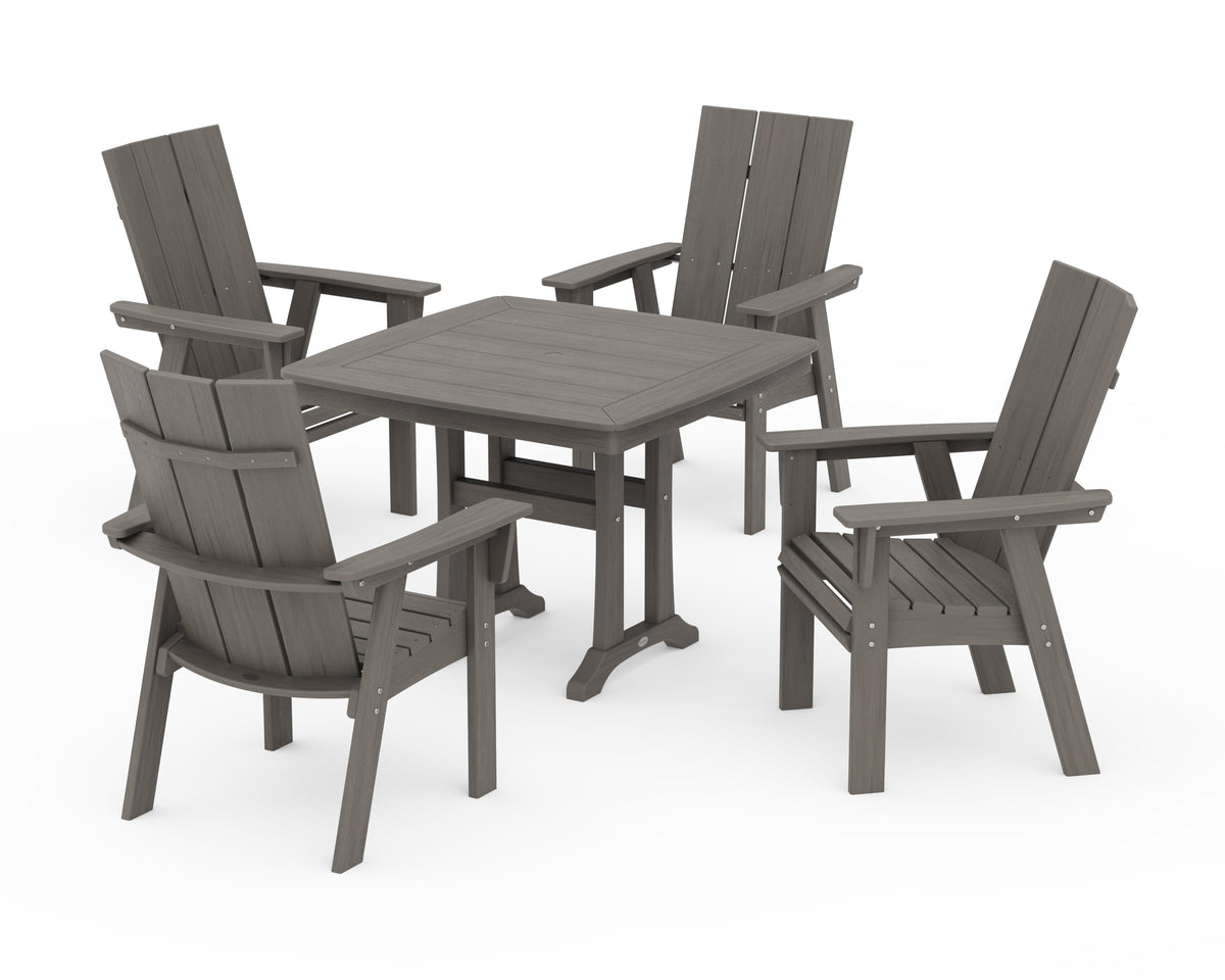 POLYWOOD Modern Adirondack 5-Piece Dining Set with Trestle Legs with Modern Curveback Adirondack Dining Chair in Driftwood