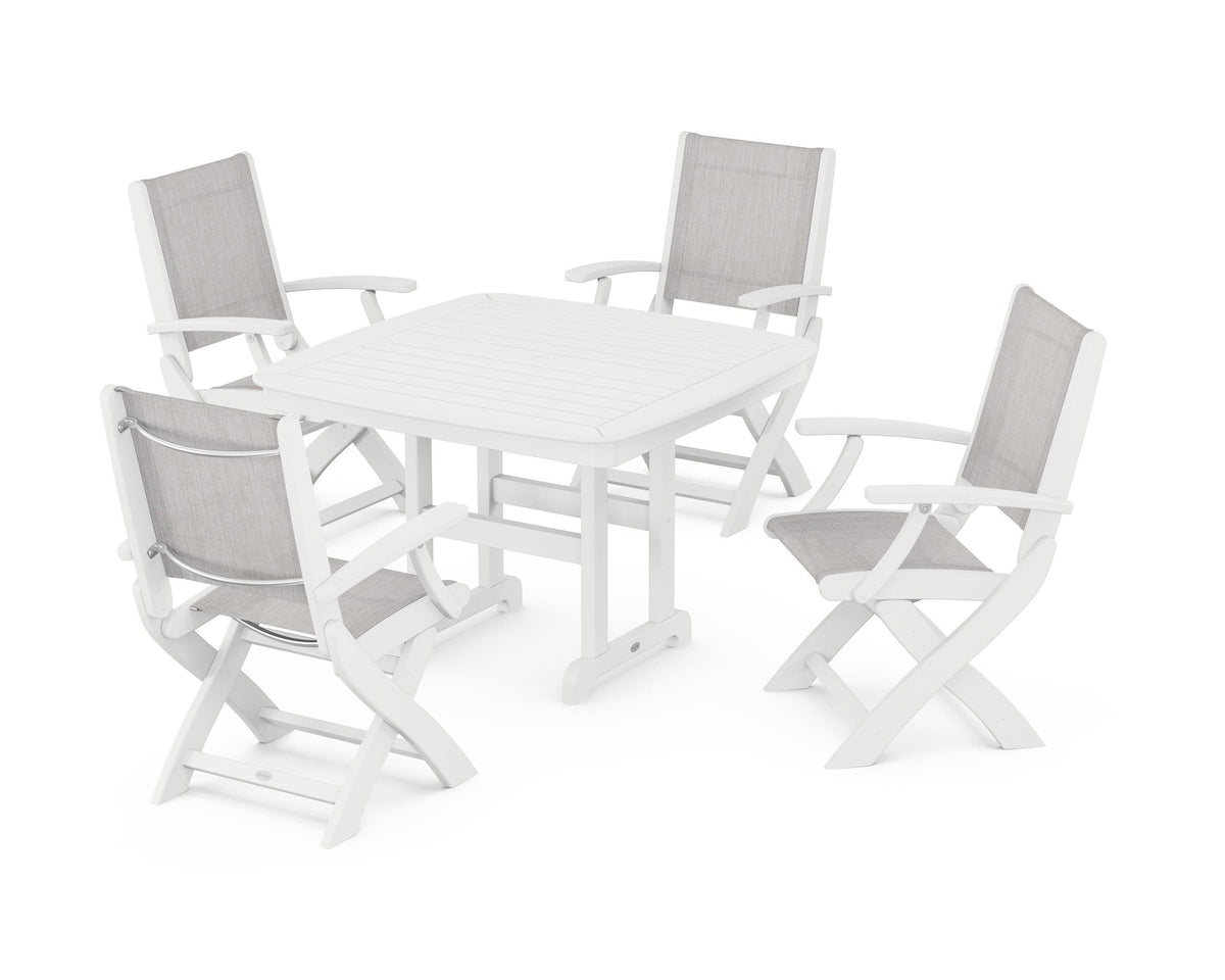 POLYWOOD Coastal Folding Chair 5-Piece Dining Set with Nautical 44" Dining Table in White / Parchment