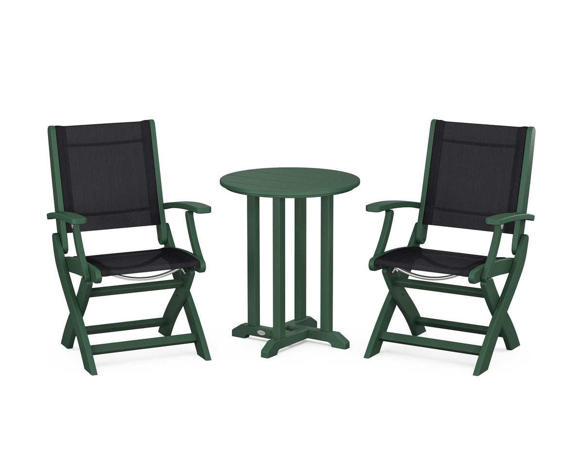 POLYWOOD Coastal Folding 3-Piece Round Bistro Dining Set in Green / Black