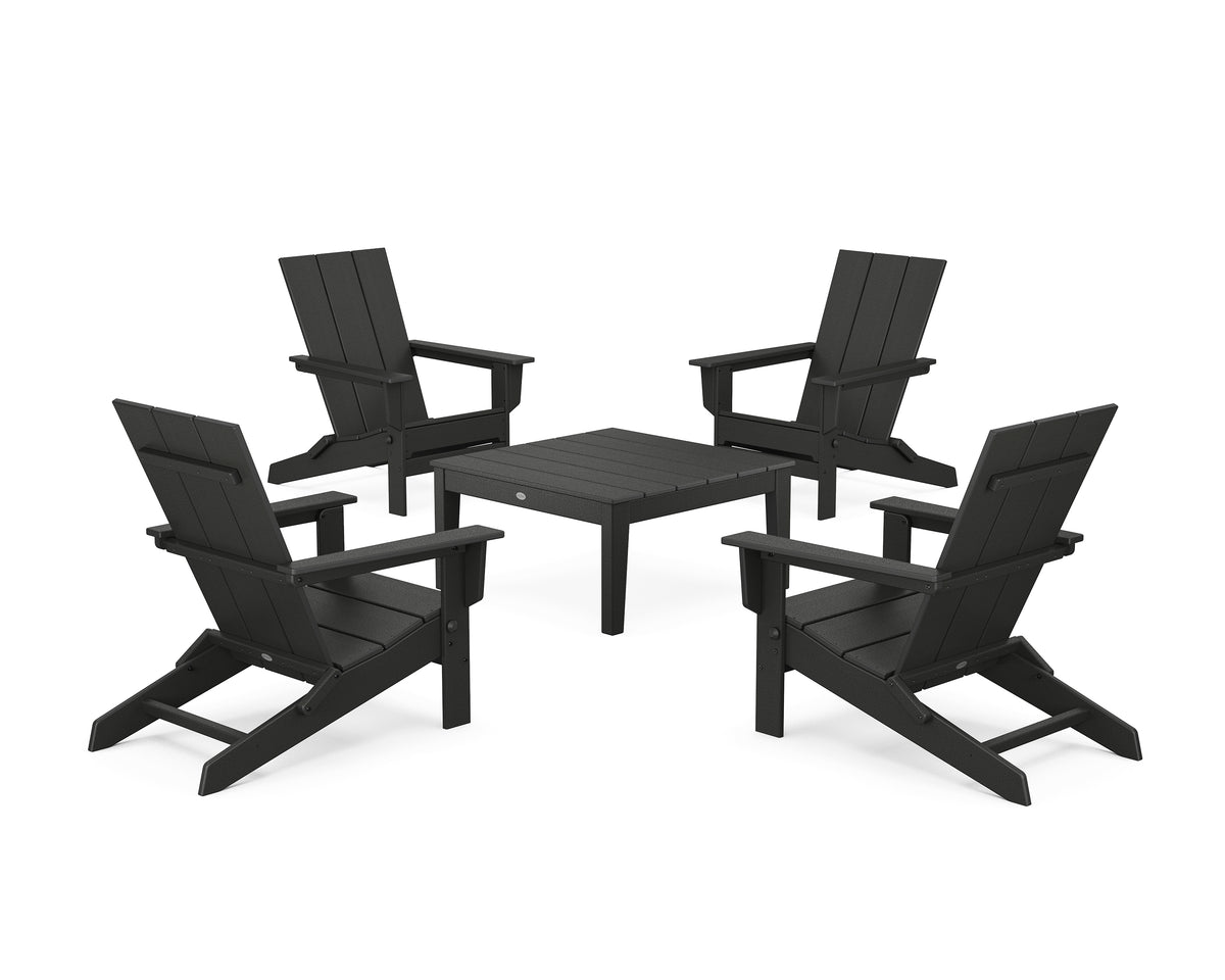 POLYWOOD 5-Piece Modern Studio Folding Adirondack Chair Conversation Group in Black