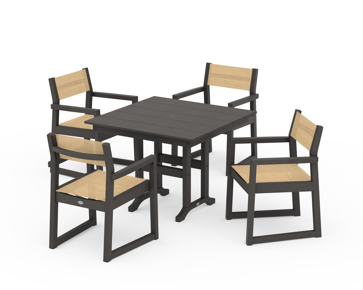 POLYWOOD EDGE Sling Arm Chair 5-Piece Farmhouse Dining Set in Vintage Coffee / Dupioni Apricot