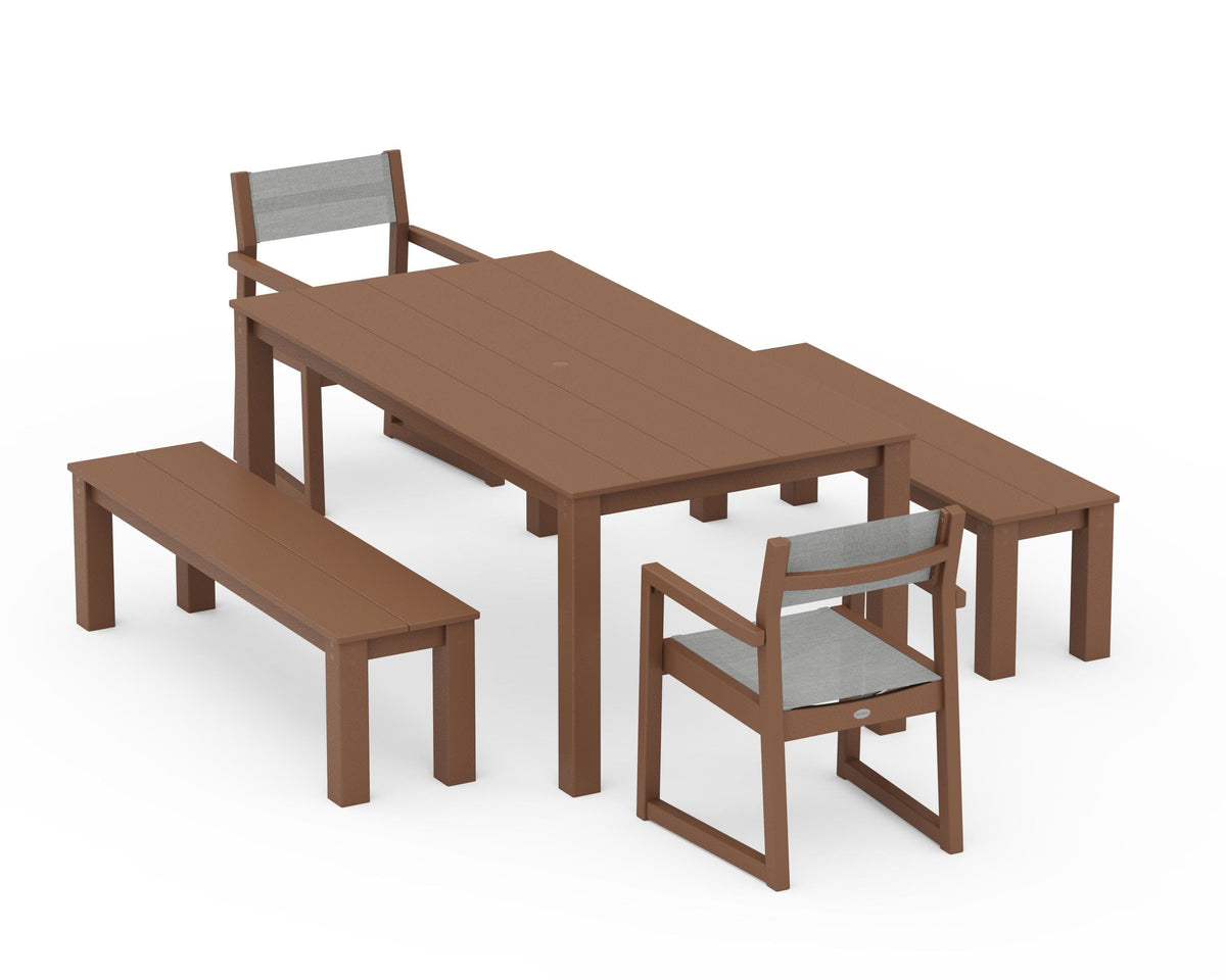 POLYWOOD EDGE Sling Arm Chair 5-Piece Parsons Dining Set with Benches in Teak / Metallic