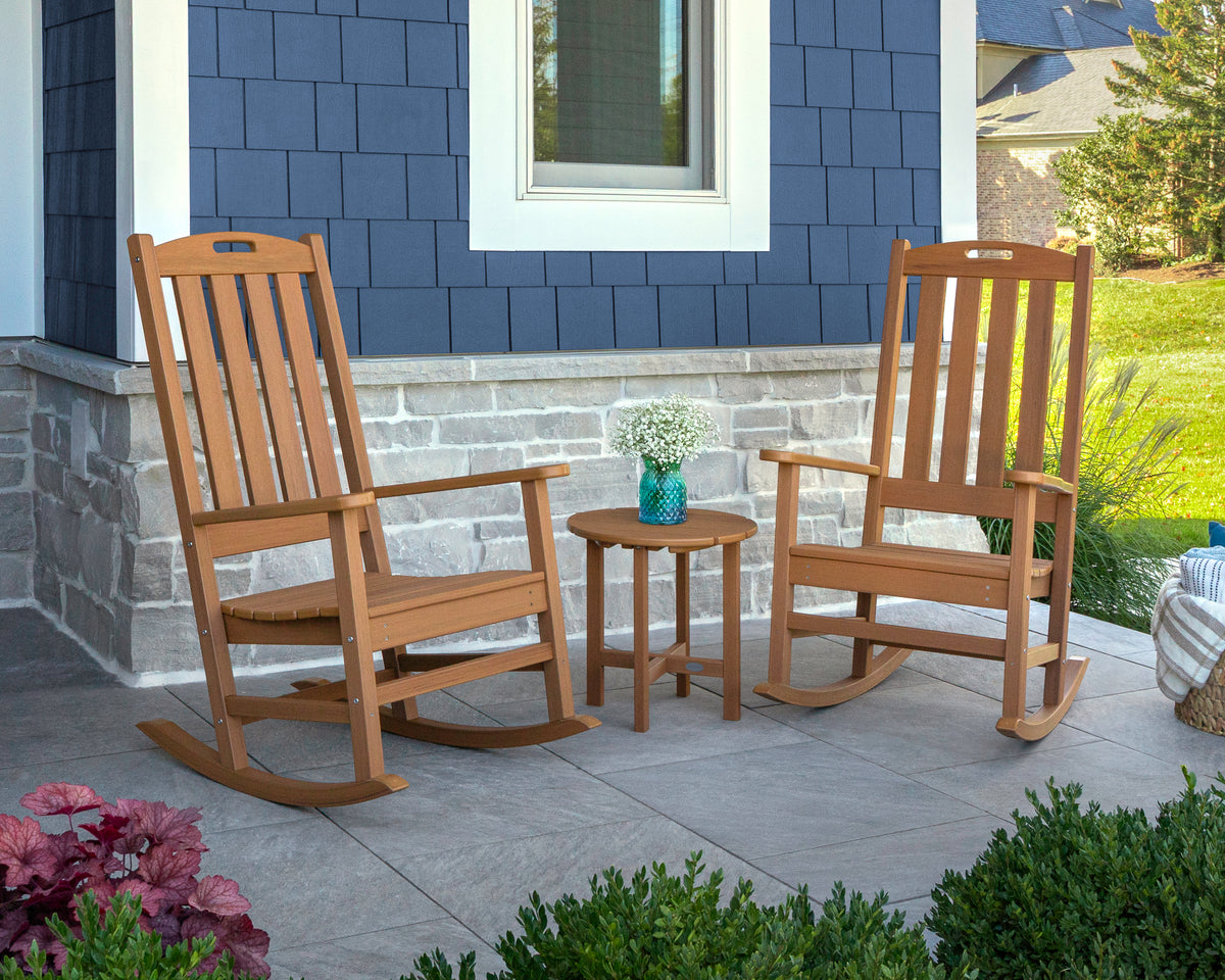 Lifestyle photo of the POLYWOOD Nautical Porch Rocking Chair in Natural