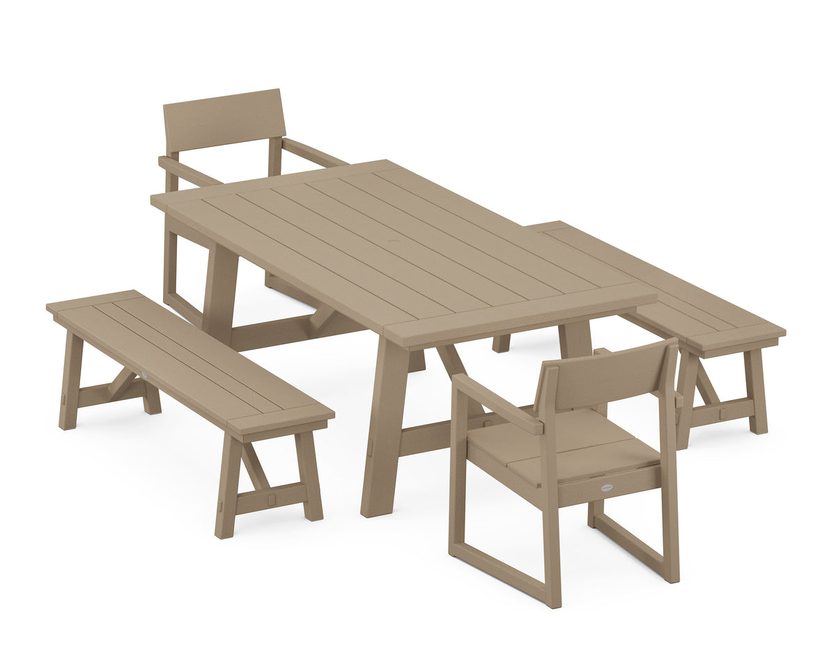 POLYWOOD EDGE 5-Piece Rustic Farmhouse Dining Set with Benches in Vintage Sahara