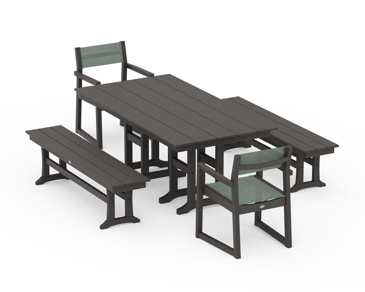 POLYWOOD EDGE Sling Arm Chair 5-Piece Farmhouse Dining Set with Benches in Vintage Coffee / Dupioni Sea Mist