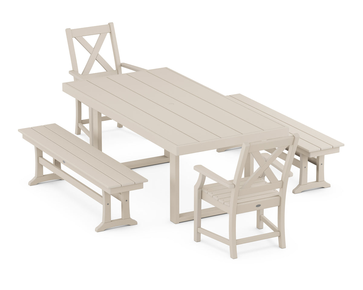 POLYWOOD Braxton 5-Piece Dining Set with Benches - 39" x 78" Table in Sand