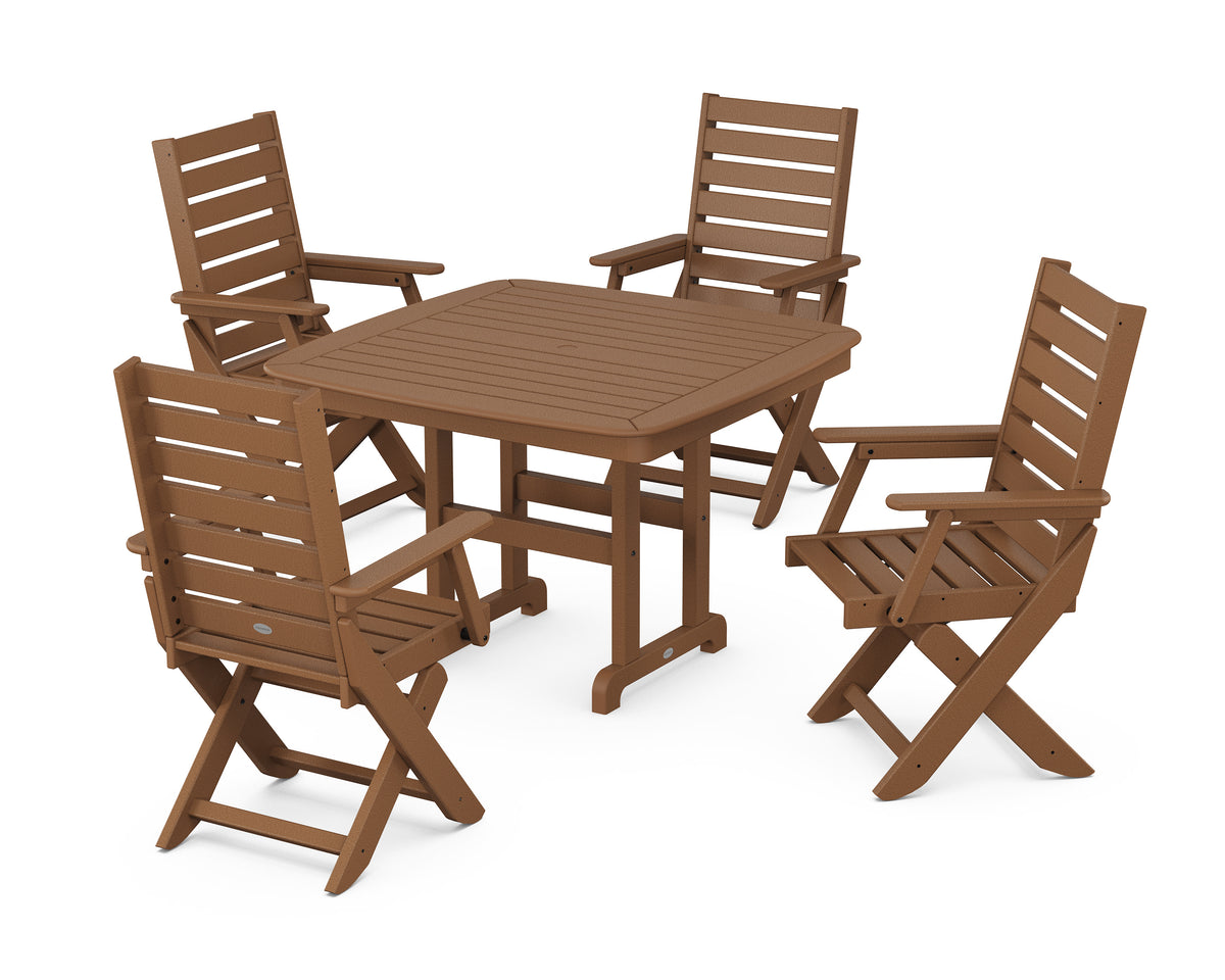 POLYWOOD Captain Folding Chair 5-Piece Dining Set with Trestle Legs - 44" Table in Teak