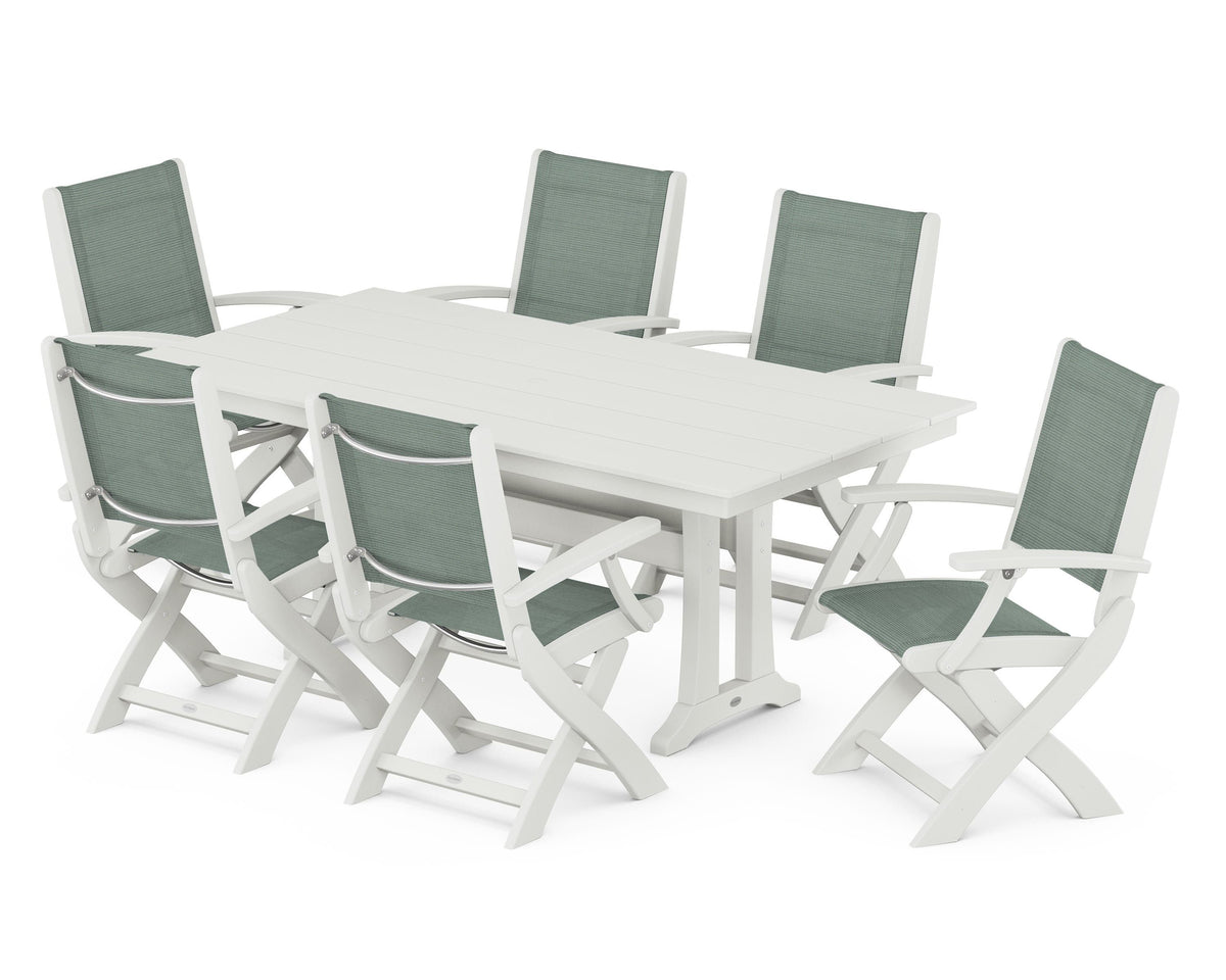 POLYWOOD Coastal Folding Arm Chair 7-Piece Farmhouse Dining Set with Trestle Legs in Vintage White / Dupioni Sea Mist