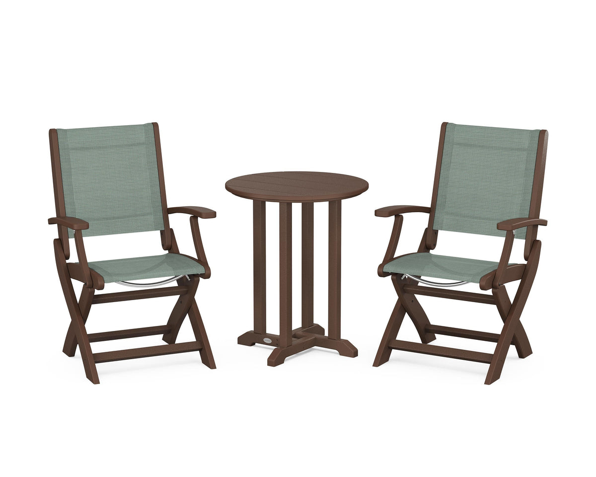 POLYWOOD Coastal Folding 3-Piece Round Bistro Dining Set in Mahogany / Dupioni Sea Mist
