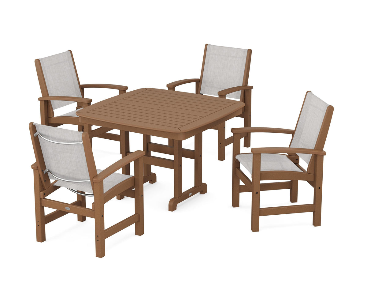 POLYWOOD Coastal 5-Piece Dining Set with Nautical 44" Dining Table in Teak / Parchment