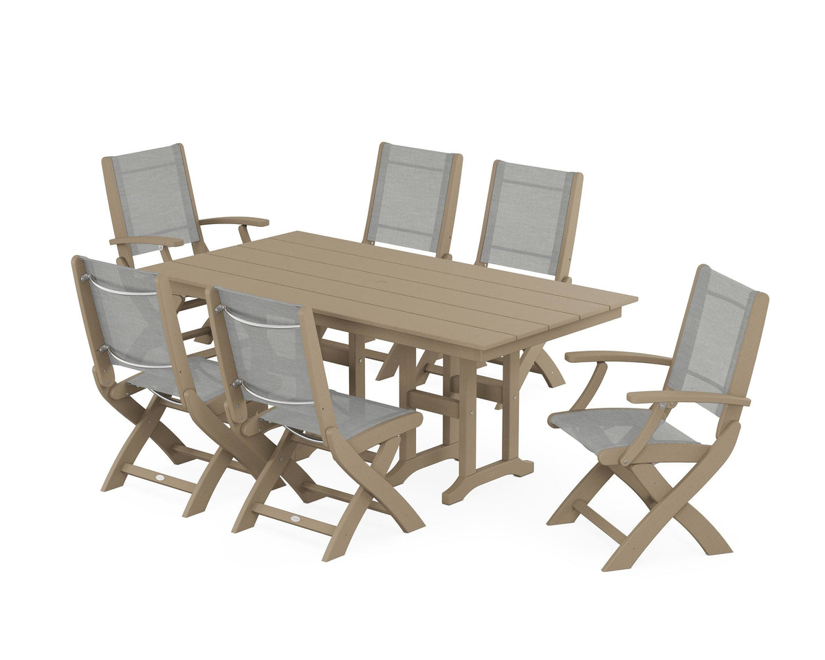 POLYWOOD Coastal Folding Chair 7-Piece Farmhouse Dining Set in Vintage Sahara / Metallic