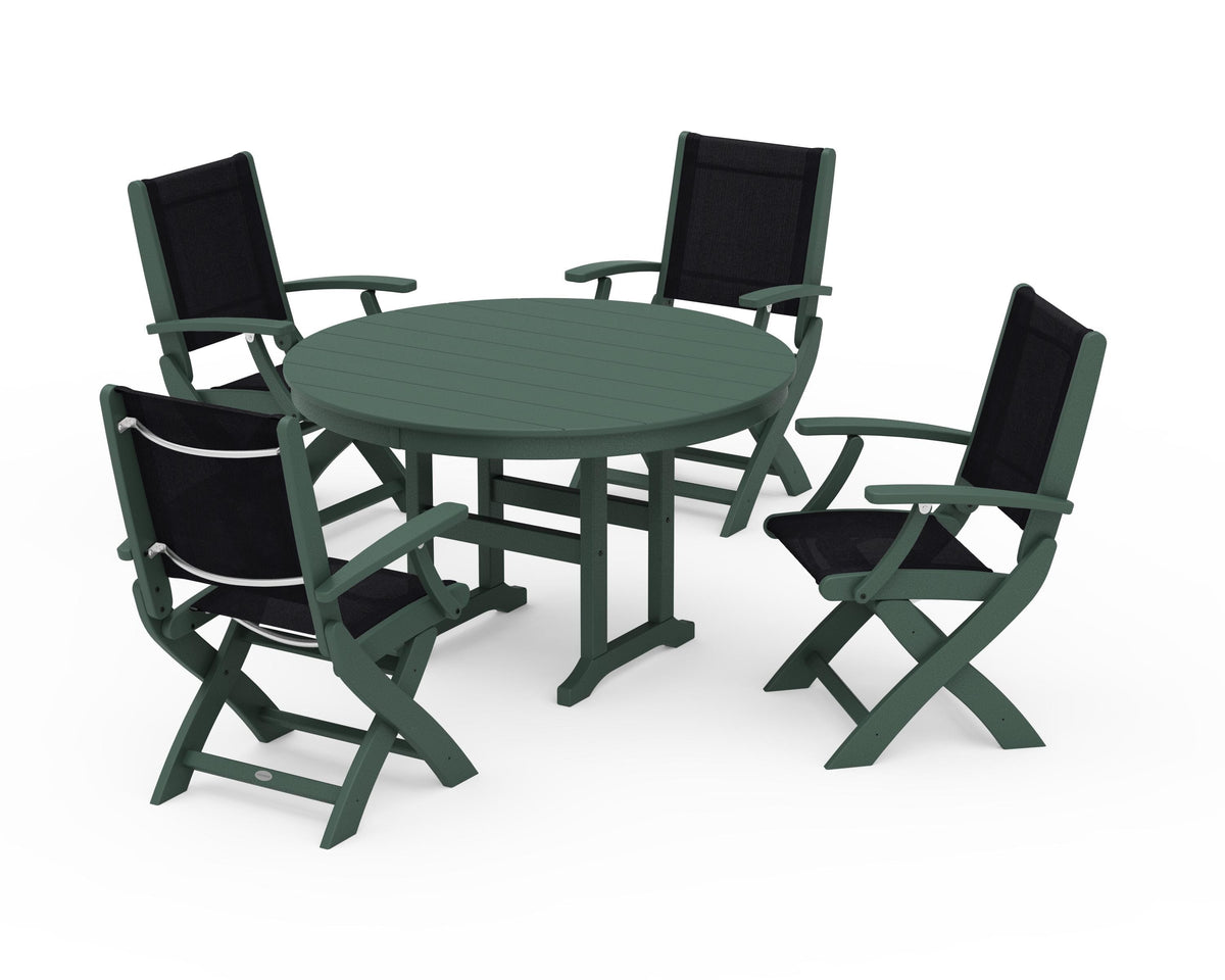 POLYWOOD Coastal Folding Chair 5-Piece Round Dining Set in Green / Black