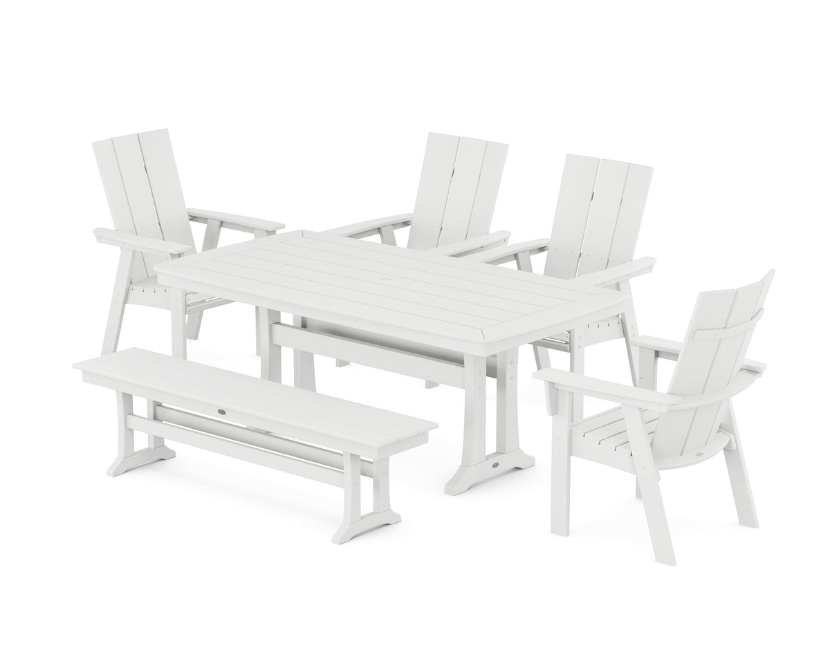 POLYWOOD Modern Curveback Adirondack 6-Piece Farmhouse Dining Set with Trestle Legs and Bench - 38" x 73" Table in White
