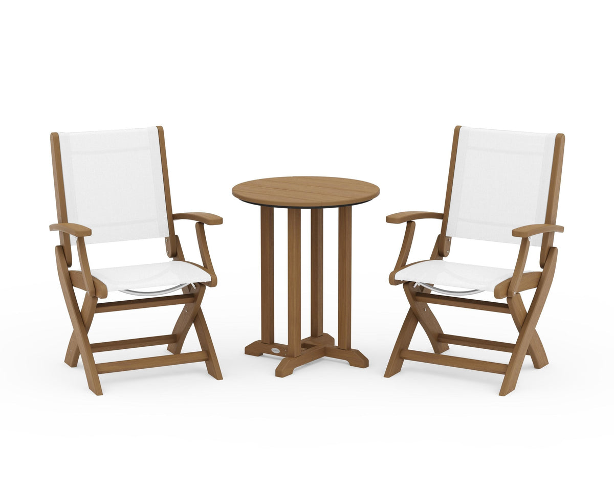 POLYWOOD Coastal Folding 3-Piece Round Bistro Dining Set in Natural / White