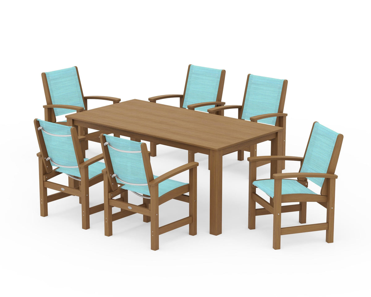 POLYWOOD Coastal 7-Piece Parsons Dining Set in Natural / Dupioni Aquamarine