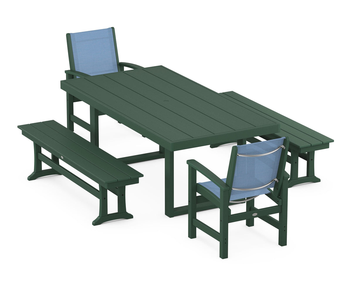 POLYWOOD Coastal 5-Piece Dining Set with Trestle Legs with EDGE 40" x 78" Dining Table in Green / Poolside