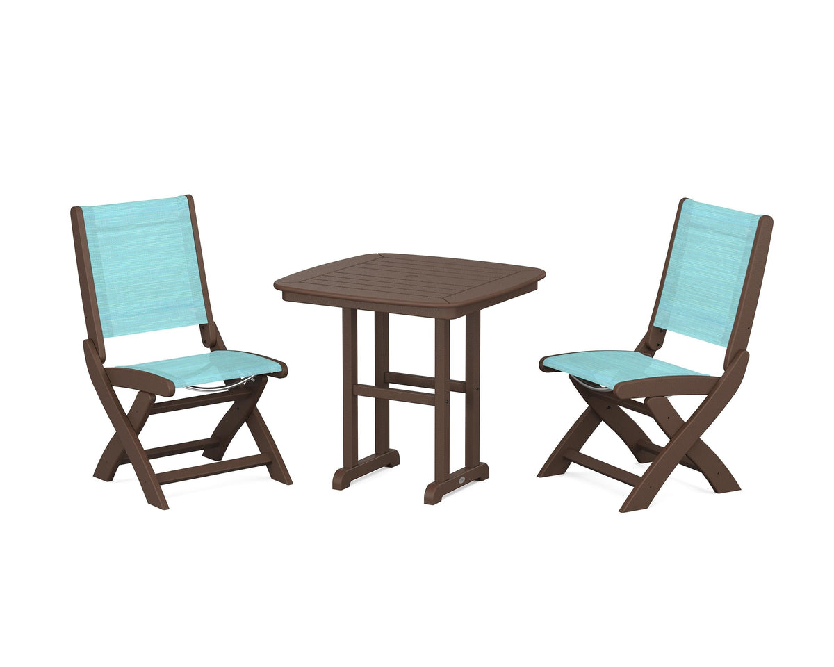 POLYWOOD Coastal Folding Side Chair 3-Piece Dining Set in Mahogany / Dupioni Aquamarine