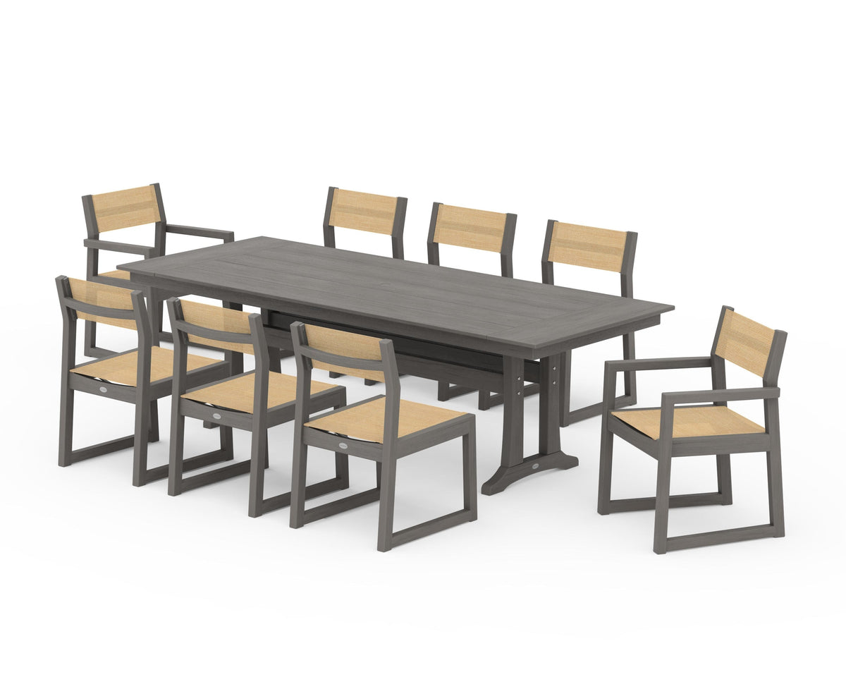 POLYWOOD EDGE Sling 9-Piece Farmhouse Trestle Dining Set in Driftwood / Dupioni Apricot