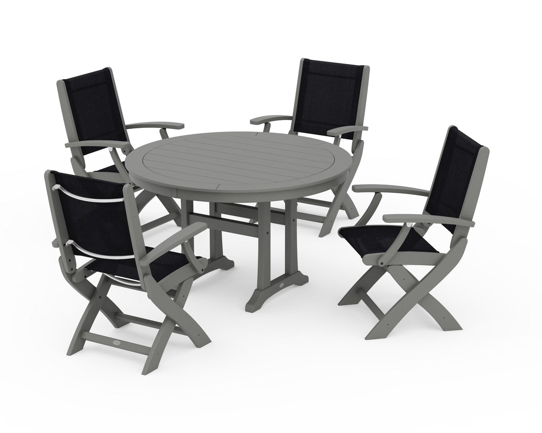 POLYWOOD Coastal Folding Chair 5-Piece Round Dining Set with Trestle Legs in Slate Grey / Black