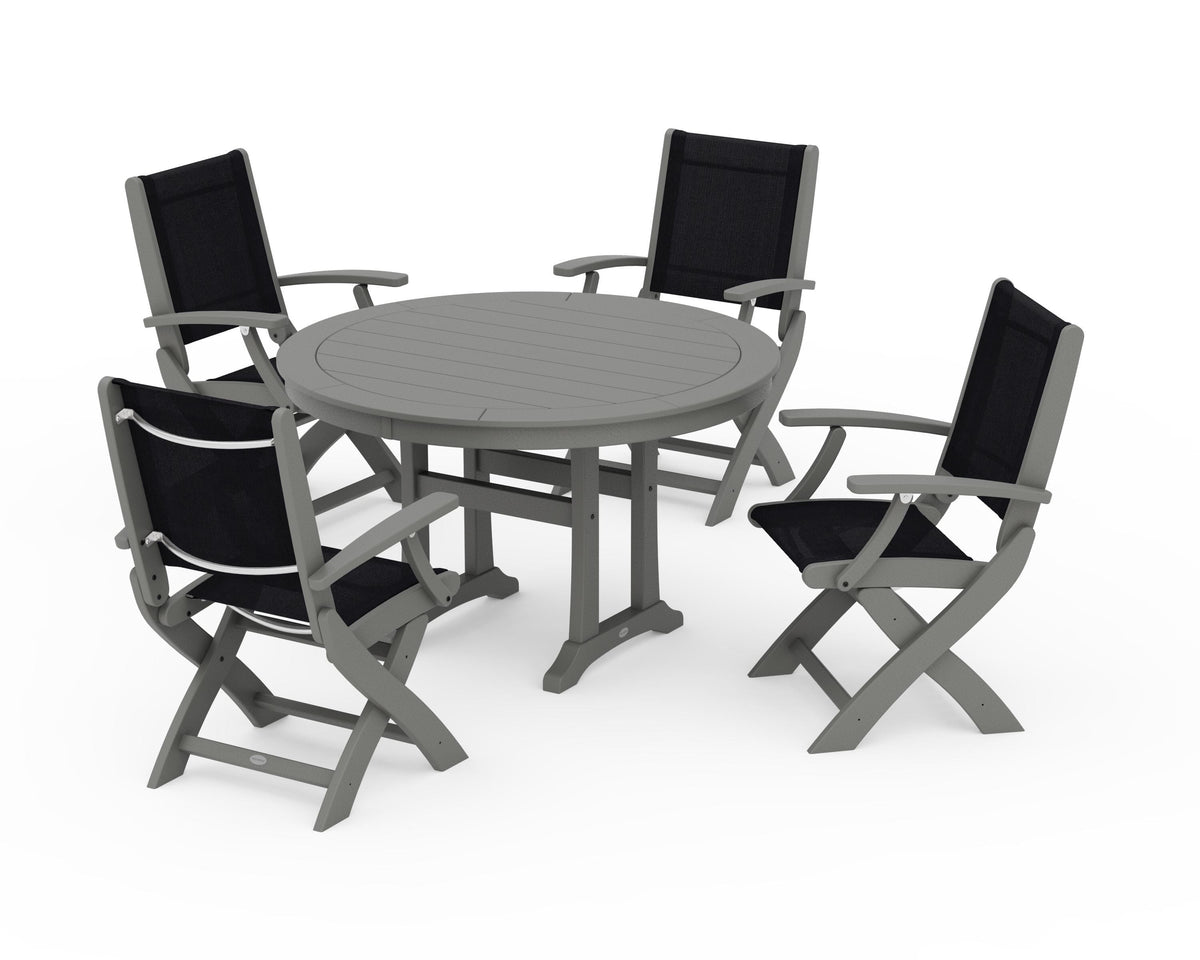 POLYWOOD Coastal Folding Chair 5-Piece Round Dining Set with Trestle Legs in Slate Grey / Black