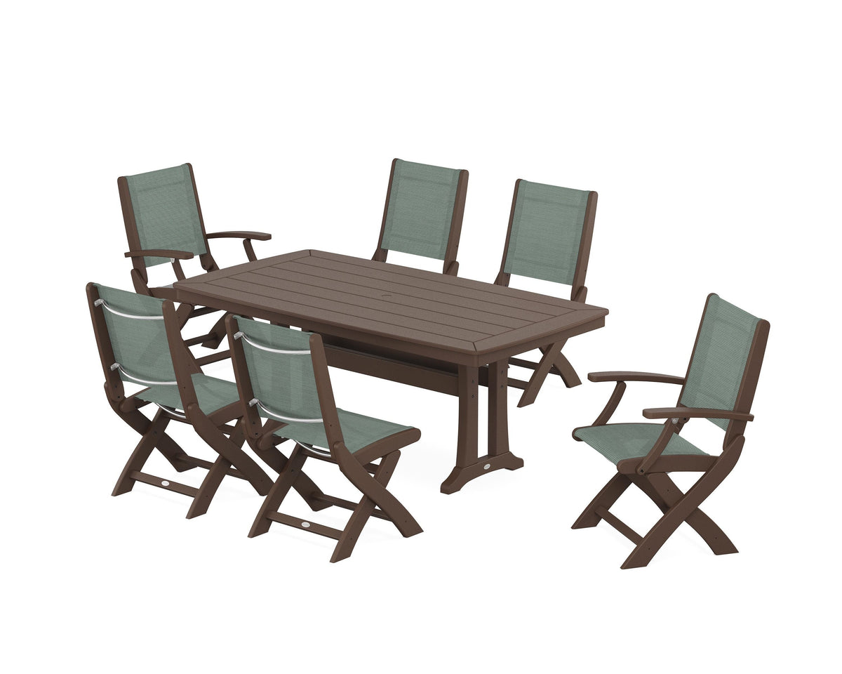 POLYWOOD Coastal Folding Chair 7-Piece Dining Set with Trestle Legs with Nautical Trestle 38" x 73" Dining Table in Mahogany / Dupioni Sea Mist