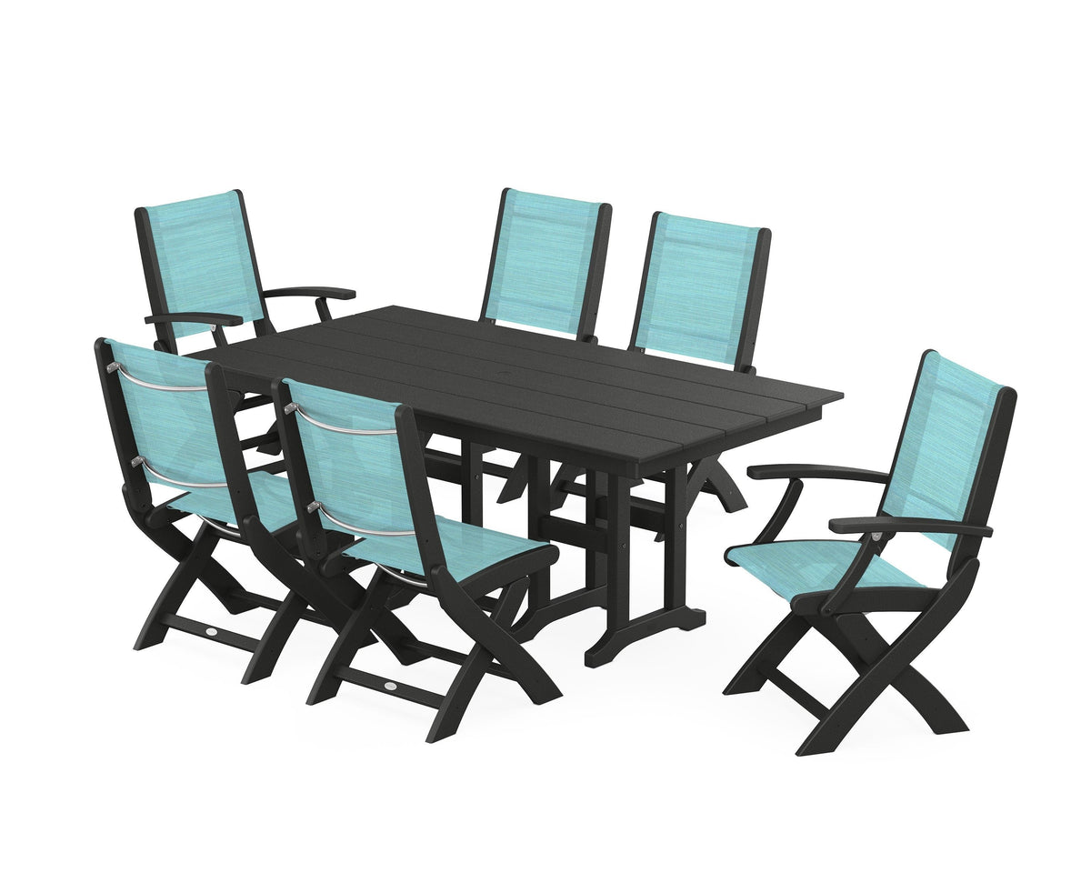POLYWOOD Coastal Folding Chair 7-Piece Farmhouse Dining Set in Black / Dupioni Aquamarine