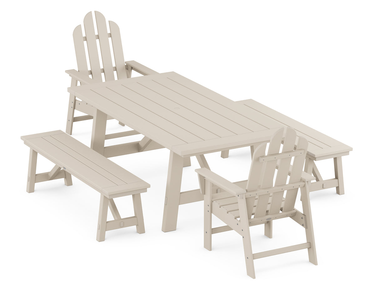 POLYWOOD Long Island 5-Piece Rustic Farmhouse Dining Set with Benches in Sand