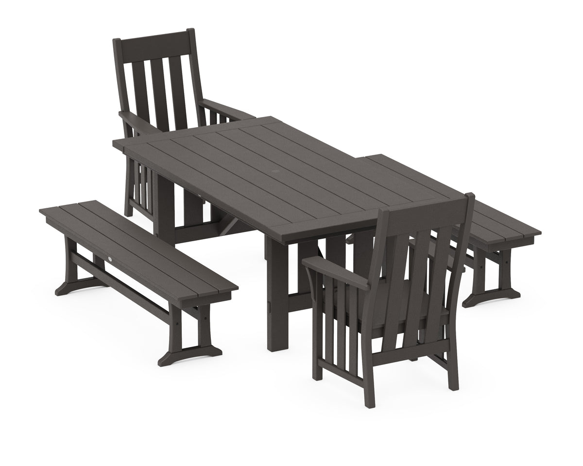 POLYWOOD Acadia 5-Piece Dining Set with Benches in Vintage Coffee
