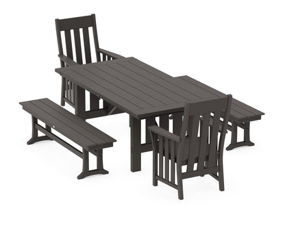 POLYWOOD Acadia 5-Piece Dining Set with Benches in Vintage Coffee