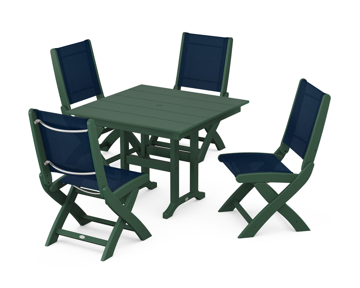 POLYWOOD Coastal Folding Side Chair 5-Piece Farmhouse Dining Set in Green / Navy Blue