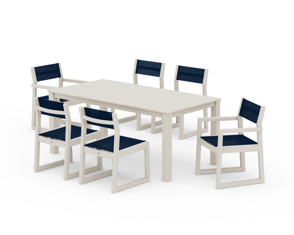 POLYWOOD EDGE Sling 7-Piece Parsons Dining Set in Sand / Navy Blue