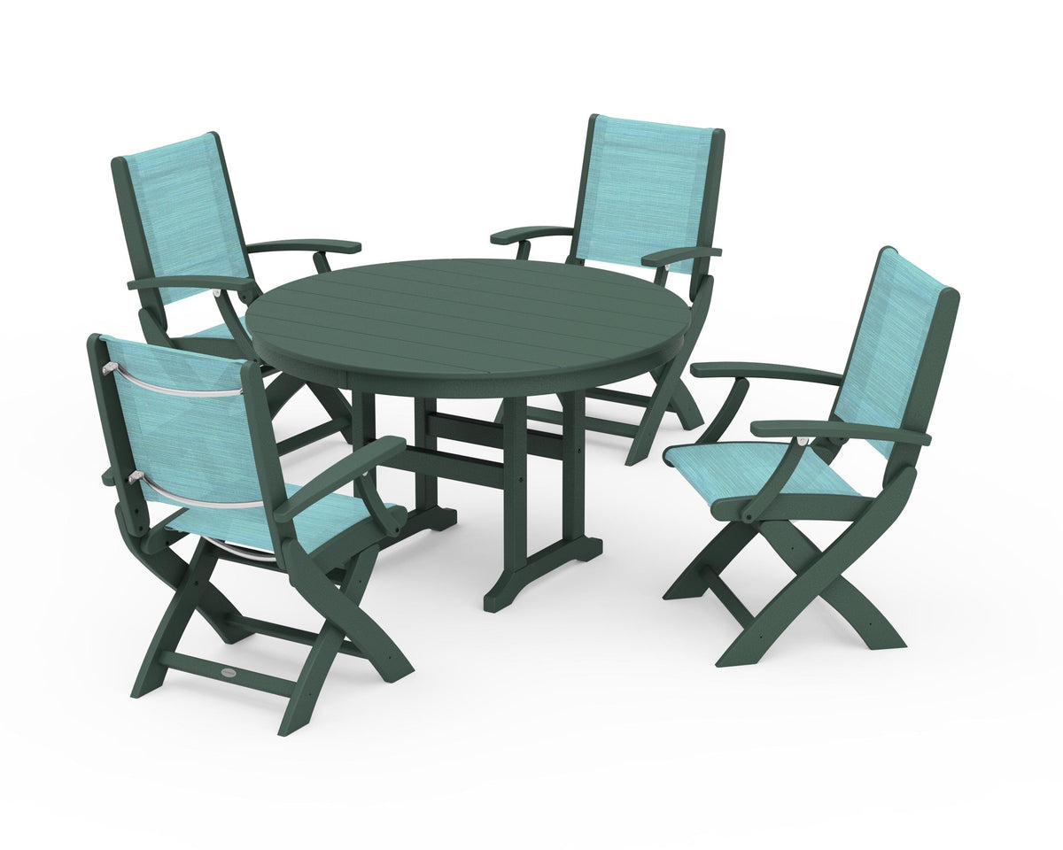 POLYWOOD Coastal Folding Chair 5-Piece Round Dining Set in Green / Dupioni Aquamarine