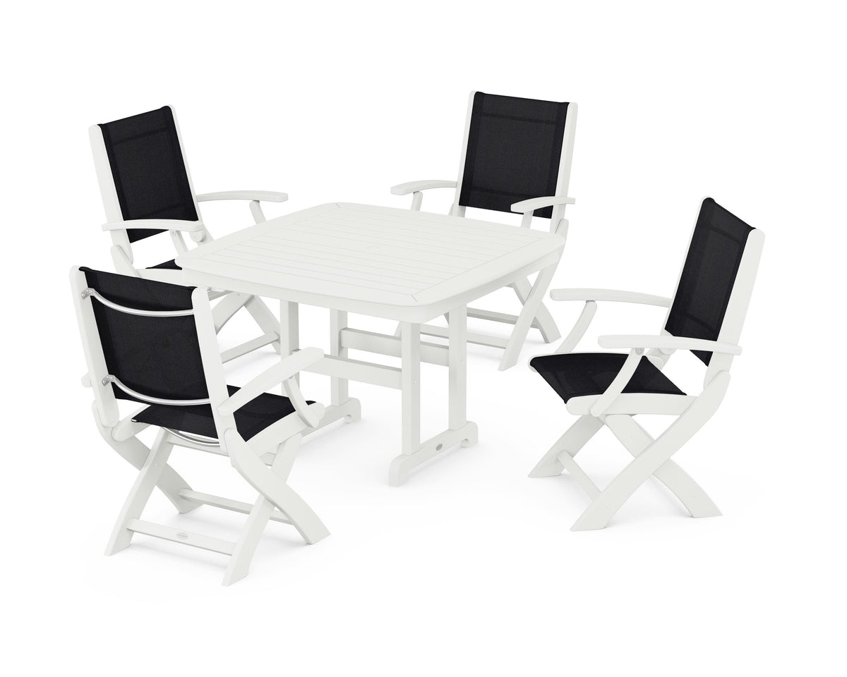 POLYWOOD Coastal Folding Chair 5-Piece Dining Set with Nautical 44" Dining Table in Vintage White / Black