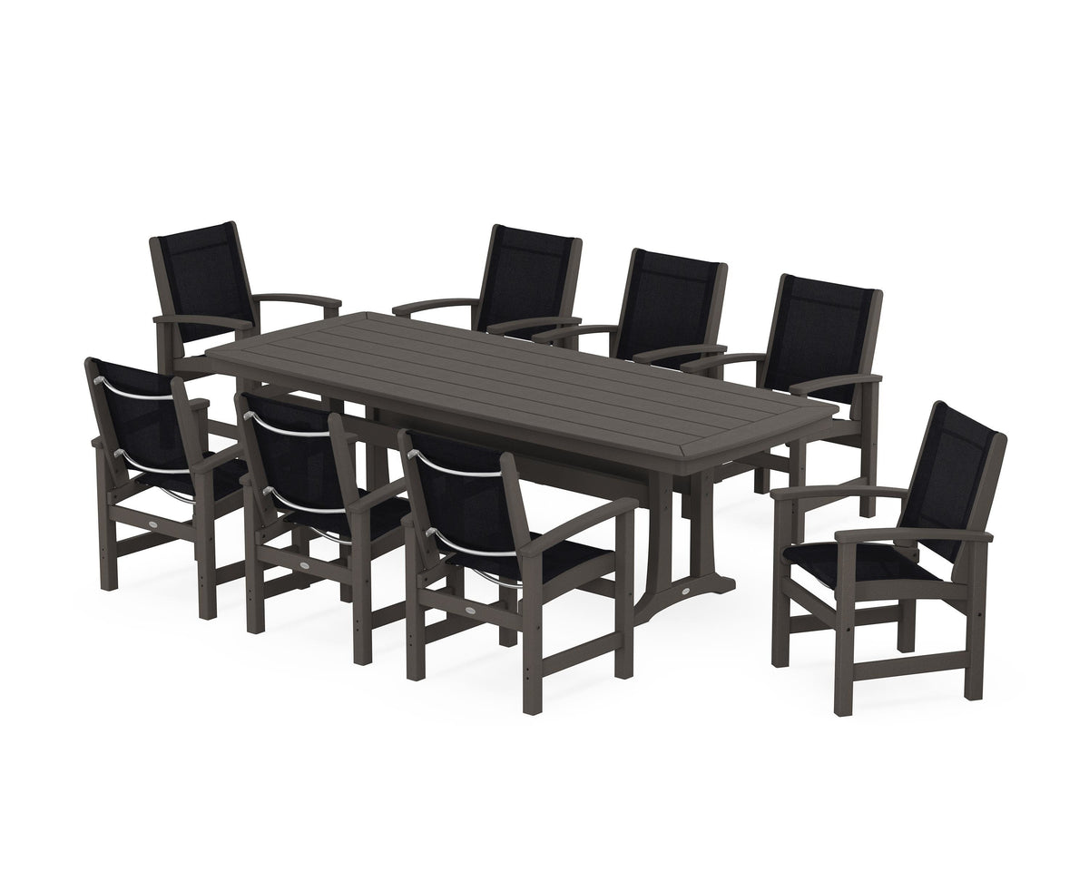 POLYWOOD Coastal 9-Piece Dining Set with Trestle Legs in Vintage Coffee / Black