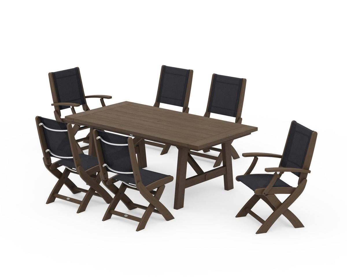 POLYWOOD Coastal Folding Chair 7-Piece Rustic Farmhouse Dining Set in Kona / Black