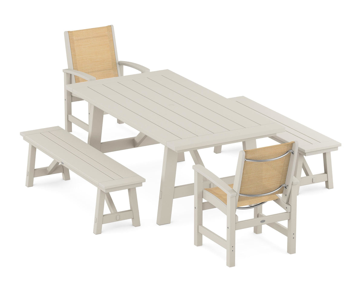 POLYWOOD Coastal 5-Piece Rustic Farmhouse Dining Set With Benches in Sand / Dupioni Apricot