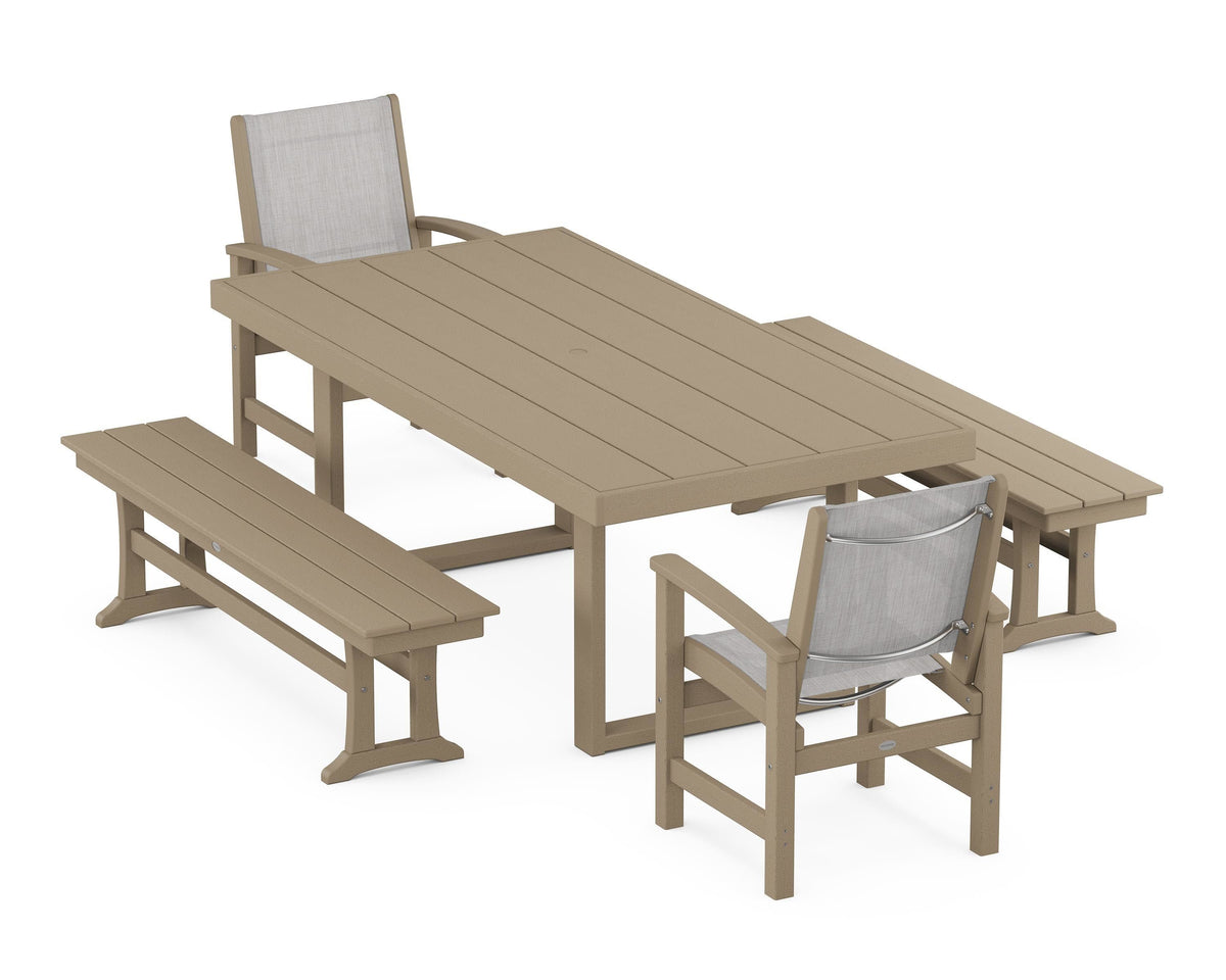 POLYWOOD Coastal 5-Piece Dining Set with Trestle Legs with EDGE 40" x 78" Dining Table in Vintage Sahara / Parchment