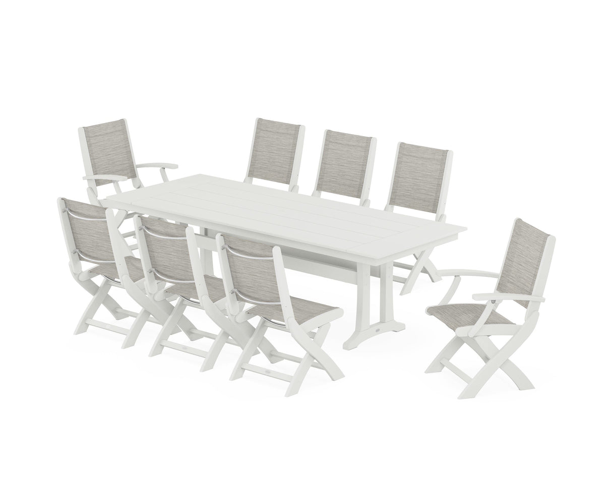 POLYWOOD Coastal 9-Piece Folding Dining Chair Farmhouse Dining Set with Trestle Legs in Vintage White / Birch